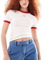 Camiseta Babylook 100% Algodão Ringer Tee Branco com Vermelho - No Sense