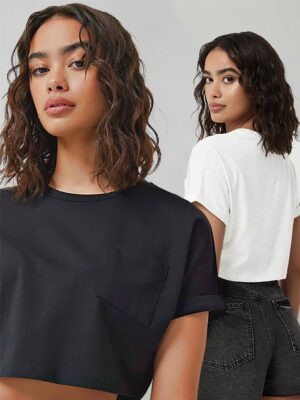 Blusa Cropped 100% Algodão Com Bolso Soltinho