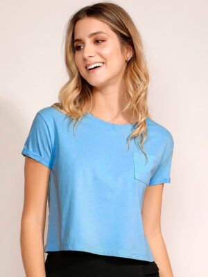 Blusa Cropped Com Bolso Tank Azul Soltinha Lisa Sem Estampa - No Sense (4)