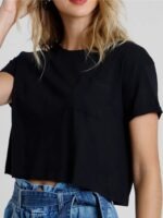 Blusa Cropped Com Bolso Tank Soltinha Preto Lisa Sem Estampa - No Sense