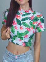 Blusa Cropped Floral Gola Alta Elastano Canelado - TOTAL - No Sense