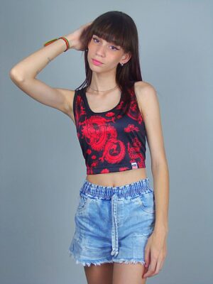 Blusa Cropped Regata Dragão Chinês Preto e Vermelho (2)