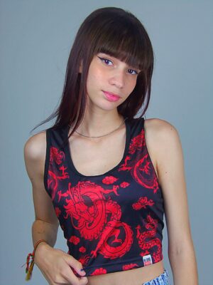Blusa Cropped Regata Dragão Chinês Preto e Vermelho (5)