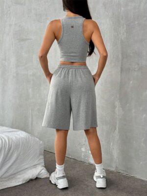 Blusa Cropped Regata Fitness Cinza Mescla Soltinha Crop Top (07)