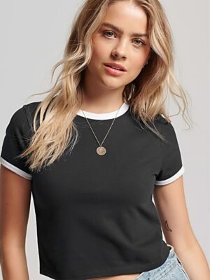 Blusa Cropped Ringer 100% Algodão Preto Bib Branco Soltinha (4)
