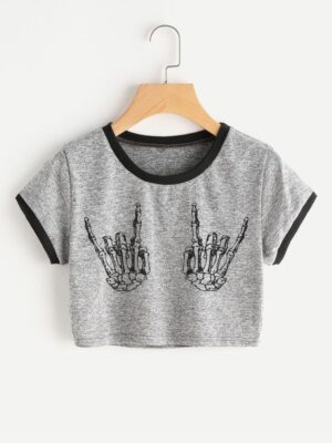 Blusa Cropped Ringer Tee Cinza Mescla Skull hand Mão Cave (6)