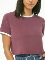Blusa Cropped Ringer Tee Marsala Mesclado com Branco Manga Curta Soltinha