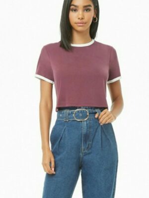 Blusa Cropped Ringer Tee Marsala Mesclado com Branco Manga Curta Soltinha (2)