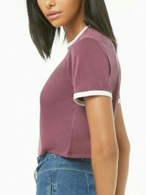 Blusa Cropped Ringer Tee Marsala Mesclado com Branco Manga Curta Soltinha (4)