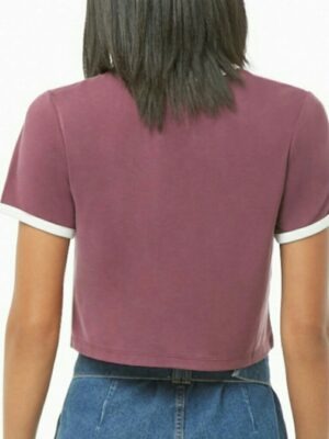 Blusa Cropped Ringer Tee Marsala Mesclado com Branco Manga Curta Soltinha (5)