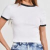 Blusa Cropped Ringer tee Branco com Preto Soltinha Lisa Sem Estampa - No Sense