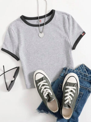Blusa Cropped Ringer tee Cinza com Preto Soltinha Lisa Sem Estampa - No Sense (1)