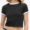 Blusa Cropped Ringer tee Preta Soltinha Rib Branco