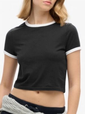 Blusa Cropped Ringer tee Preta Soltinha Rib Branco