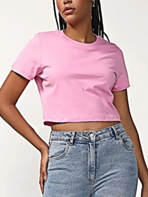 Blusa Cropped Rosa Manga Curta Gola Redonda Sem Estampa - No Sense