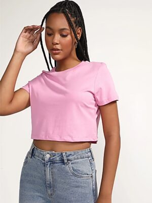 Blusa Cropped Rosa Manga Curta Gola Redonda Sem Estampa (3)