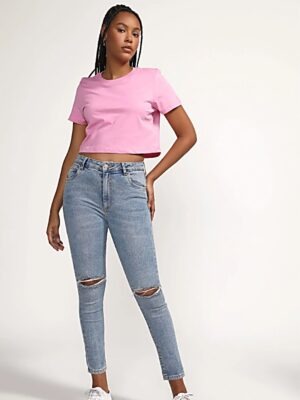 Blusa Cropped Rosa Manga Curta Gola Redonda Sem Estampa (5)