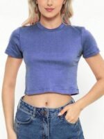 Blusinha Cropped Azul Mesclado Manga Curta Gola Redonda Soltinho