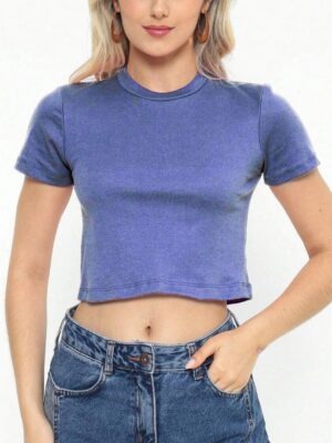 Blusinha Cropped Azul Mesclado Manga Curta Gola Redonda Soltinho