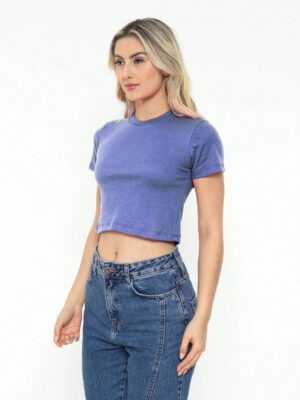 Blusinha Cropped Azul Mesclado Manga Curta Gola Redonda Soltinho (2)