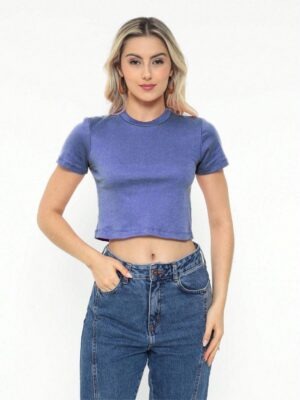 Blusinha Cropped Azul Mesclado Manga Curta Gola Redonda Soltinho (4)