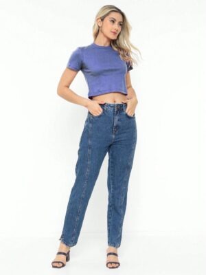 Blusinha Cropped Azul Mesclado Manga Curta Gola Redonda Soltinho (5)