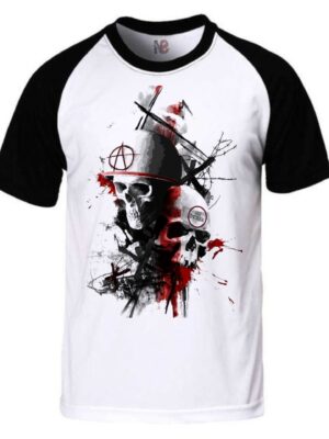 Camiseta 2ª Guerra Skull War Caveira Raglan Branco E Preto - No Sense (2)