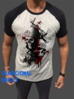 Camiseta 2ª Guerra Skull War Caveira Raglan Branco e Preto - No Sense