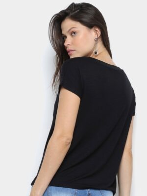 Camiseta Feminina 100% Algodão Babylook Preto Soltinho Com Bolso -