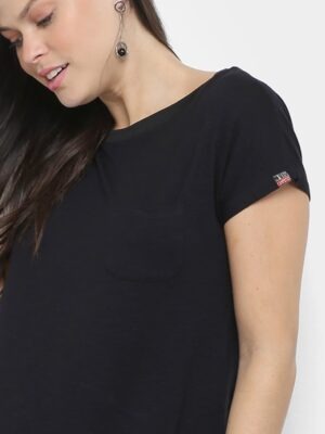 Camiseta Feminina 100% Algodão Babylook Preto Soltinho Com Bolso - (3)