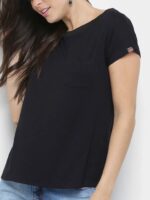 Camiseta Feminina 100% Algodão Babylook Preto Soltinho Com Bolso - No Sense