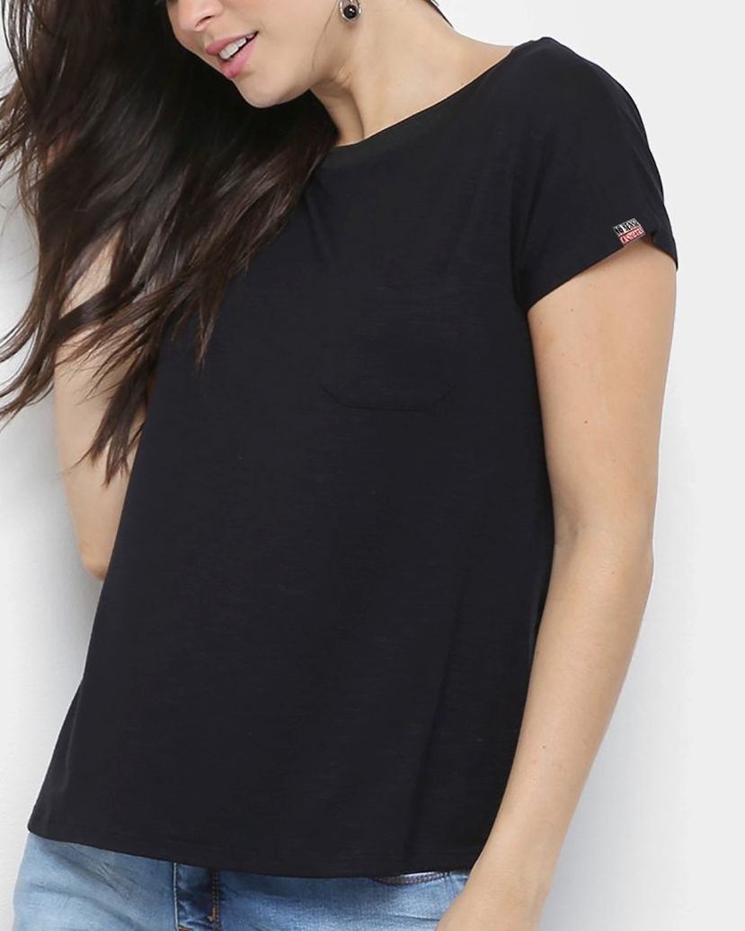 Camiseta Feminina 100% Algodão Babylook Preto Soltinho Com Bolso - No Sense