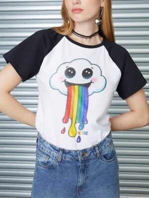 Camiseta Nuvem Arco Íris Babylook Feminina Raglan (6)