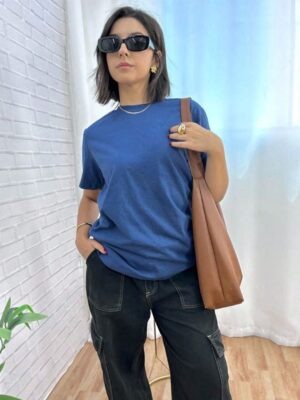 Camisetas Oversized Feminina Básica Modelagem Convencional - Azul Mescla (03)