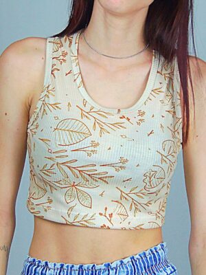Cropped Regata Canelado Bege Folhas de Outono - TOTAL - No Sense