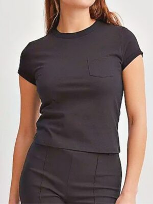 Camiseta Babylook 100% Algodão Preto Soltinho Com Bolso
